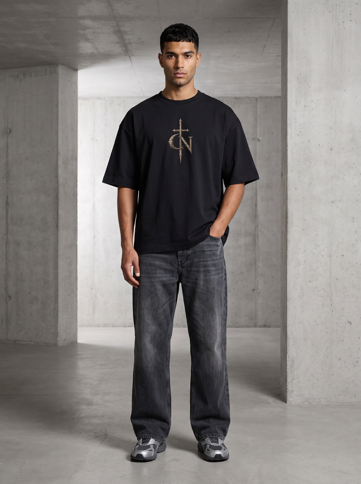 Armour of God T-Shirt, front with the CN sword emblem, worn by a model