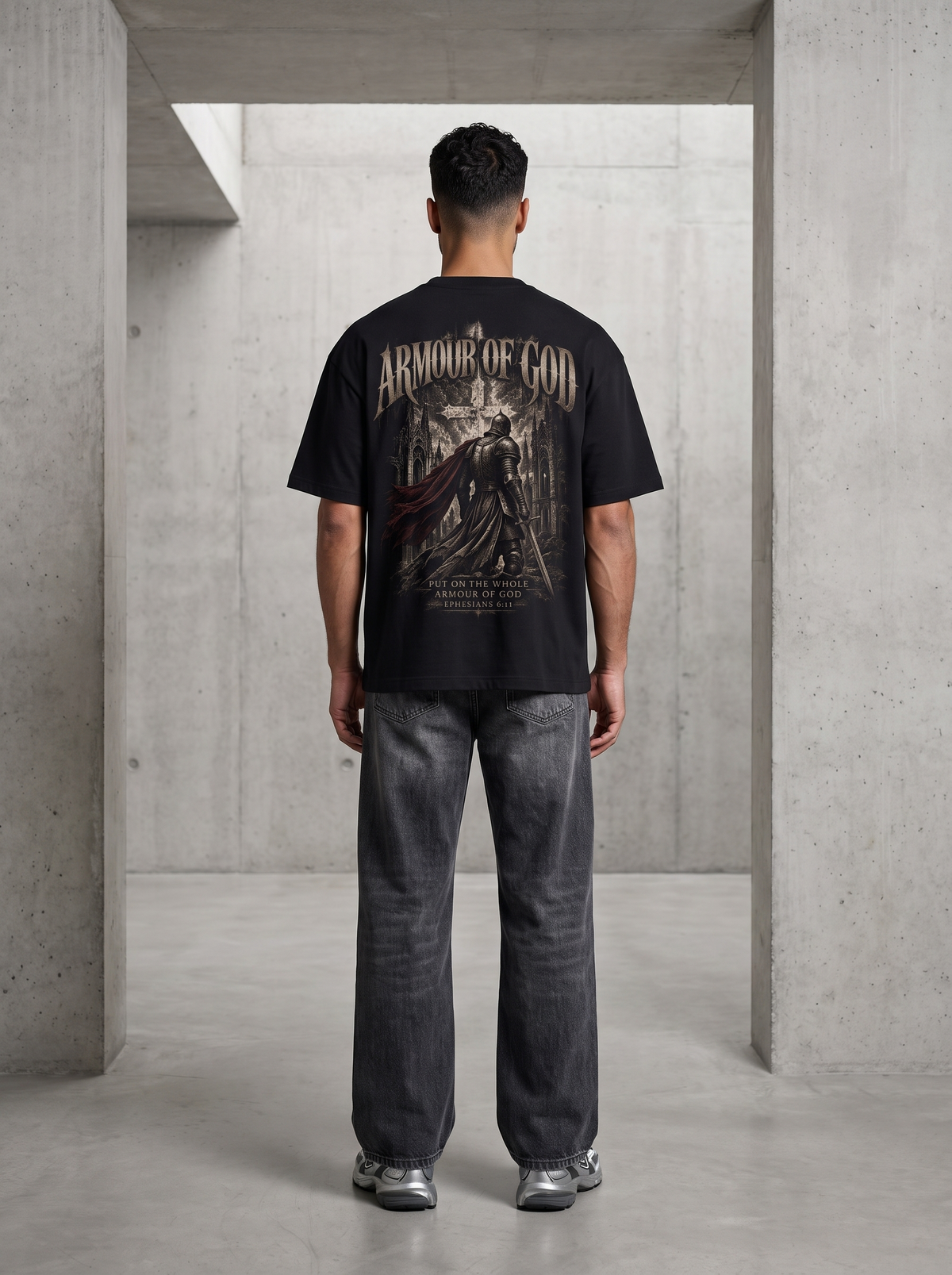 Armour of God T-Shirt, back print of a knight before the cross with Ephesians 6:11